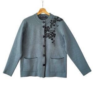 Castle of Ireland Cardigan Women‎ 14 Blue Wool Blend Floral Button Up